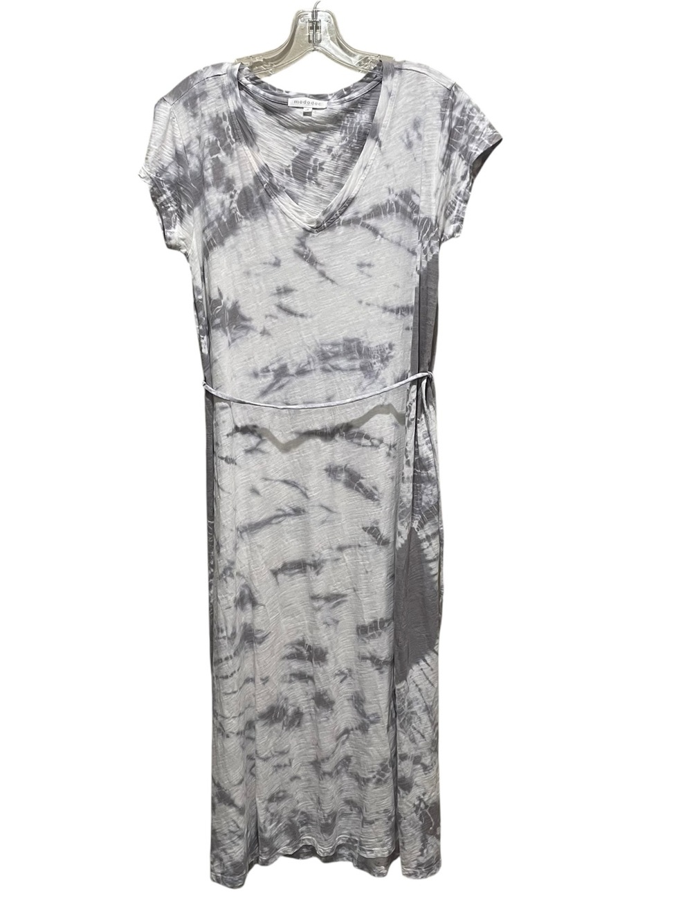Mododoc Tie Dye Maxi Dress Gray White Womens Size Medium Belted V Neck Cotton